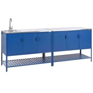 BELIANI Conjunto De 2 Armarios De Cocina Exterior De Acero 3 Puertas Encimera De Acero Inoxidable Jardín Azul Con Fregadero Maenza BELIANI Conjunto De 2 Armarios De Cocina Exterior De Acero 3 Puertas Encimera De Acero Inoxidable Jardín Azul Con Fregadero Maenza