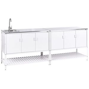 BELIANI Conjunto De 2 Armarios De Cocina Exterior De Acero 3 Puertas Encimera De Acero Inoxidable Jardín Blanco Con Fregadero Maenza BELIANI Conjunto De 2 Armarios De Cocina Exterior De Acero 3 Puertas Encimera De Acero Inoxidable Jardín Blanco Con Fregadero Maenza