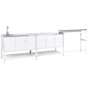 BELIANI Conjunto De 2 Armarios De Cocina Y Mesa De Bar Para Exterior De Acero 3 Puertas Encimera De Acero Inoxidable Jardín Blanco Con Fregadero Maenza BELIANI Conjunto De 2 Armarios De Cocina Y Mesa De Bar Para Exterior De Acero 3 Puertas Encimera De Acero Inoxidable Jardín Blanco Con Fregadero Maenza