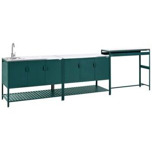 BELIANI Conjunto De 2 Armarios De Cocina Y Mesa De Bar Para Exterior De Acero 3 Puertas Encimera De Acero Inoxidable Jardín Verde Con Fregadero Maenza BELIANI Conjunto De 2 Armarios De Cocina Y Mesa De Bar Para Exterior De Acero 3 Puertas Encimera De Acero Inoxidable Jardín Verde Con Fregadero Maenza