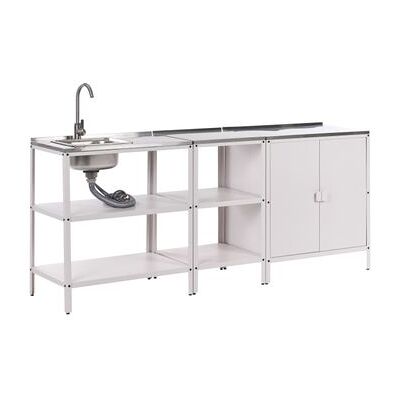 BELIANI Conjunto De Cocina 3 Piezas De Exterior Acero Inoxidable 2 Islas De Cocina Y 1 Armario Con Fregadero Monomando Blanco Vilama BELIANI Conjunto De Cocina 3 Piezas De Exterior Acero Inoxidable 2 Islas De Cocina Y 1 Armario Con Fregadero Monomando Blanco Vilama