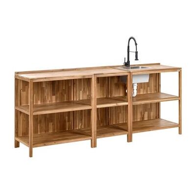 BELIANI Conjunto De 3 Islas De Cocina Exterior De Madera De Acacia Con Fregadero Y Grifo Estantes Encimera De Madera Maciza Acero Inoxidable Marrón Y Negro Venosa BELIANI Conjunto De 3 Islas De Cocina Exterior De Madera De Acacia Con Fregadero Y Grifo Estantes Encimera De Madera Maciza Acero Inoxidable Marrón Y Negro Venosa