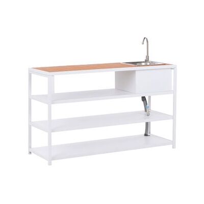 BELIANI Isla De Cocina De Exterior Con Fregadero De Caño Monomando Estantes Acero Encimera Marrón 159 X 50 X 91 Cm Blanco Avetrana BELIANI Isla De Cocina De Exterior Con Fregadero De Caño Monomando Estantes Acero Encimera Marrón 159 X 50 X 91 Cm Blanco Avetrana