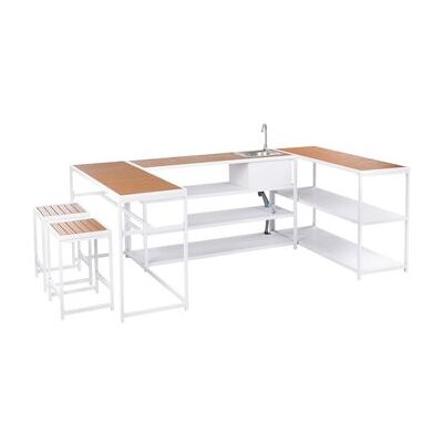 BELIANI Conjunto De Cocina De Exterior De 6 Piezas Acero Blanco Encimeras De Madera Plástica Mesa De Bar 2 Plazas Y Mueble Con Fregadero Monomando Avetrana BELIANI Conjunto De Cocina De Exterior De 6 Piezas Acero Blanco Encimeras De Madera Plástica Mesa De Bar 2 Plazas Y Mueble Con Fregadero Monomando Avetrana