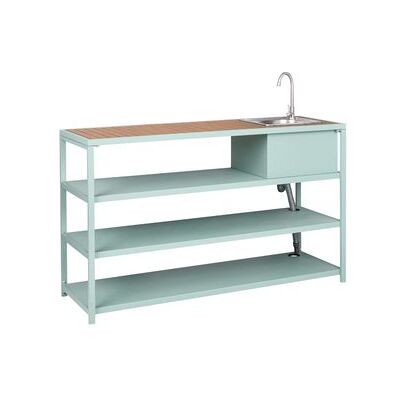 BELIANI Isla De Cocina De Exterior Con Fregadero De Caño Monomando Estantes Acero Encimera Madera Clara 159 X 50 X 91 Cm Verde Claro Avetrana BELIANI Isla De Cocina De Exterior Con Fregadero De Caño Monomando Estantes Acero Encimera Madera Clara 159 X 50 X 91 Cm Verde Claro Avetrana