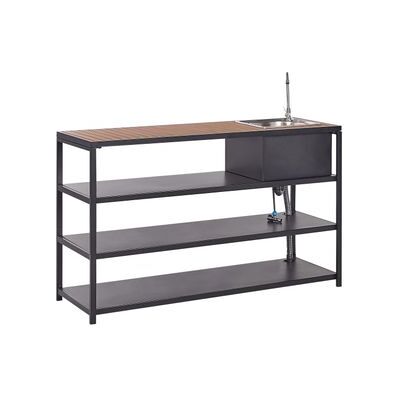 BELIANI Isla De Cocina De Exterior Con Fregadero De Caño Monomando Estantes Acero Encimera Madera Clara 159 X 50 X 91 Cm Negro Avetrana BELIANI Isla De Cocina De Exterior Con Fregadero De Caño Monomando Estantes Acero Encimera Madera Clara 159 X 50 X 91 Cm Negro Avetrana