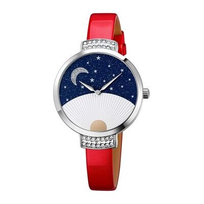 VEAXIN Reloj De Pulsera De Cristal Resistente Al Agua Con Diseño De Esfera En Forma De Abanico Y Patrón De Cielo Rojo VEAXIN Reloj De Pulsera De Cristal Resistente Al Agua Con Diseño De Esfera En Forma De Abanico Y Patrón De Cielo Rojo
