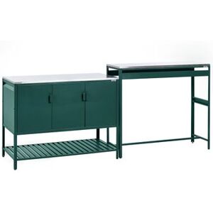 BELIANI Conjunto De Armario De Cocina Y Mesa De Bar Para Exterior De Acero 3 Puertas Encimera De Acero Inoxidable Jardín Verde Maenza BELIANI Conjunto De Armario De Cocina Y Mesa De Bar Para Exterior De Acero 3 Puertas Encimera De Acero Inoxidable Jardín Verde Maenza