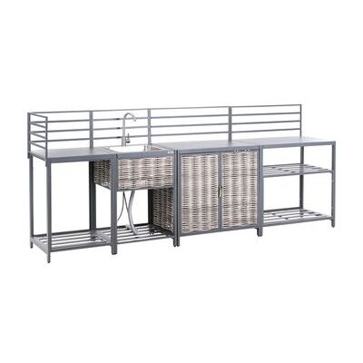 BELIANI Conjunto De Cocina Exterior De 4 Piezas De Aluminio Y Ratán Sintético Armario Isla Con Fregadero Gris Mirador BELIANI Conjunto De Cocina Exterior De 4 Piezas De Aluminio Y Ratán Sintético Armario Isla Con Fregadero Gris Mirador