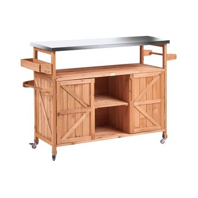 BELIANI Cocina De Jardín De Madera De Abeto Isla De Cocina Exterior Con Ruedas 2 Puertas Estantes Abiertos 128 X 47 X 85 Cm Encimera De Acero Marrón Scanno BELIANI Cocina De Jardín De Madera De Abeto Isla De Cocina Exterior Con Ruedas 2 Puertas Estantes Abiertos 128 X 47 X 85 Cm Encimera De Acero Marrón Scanno
