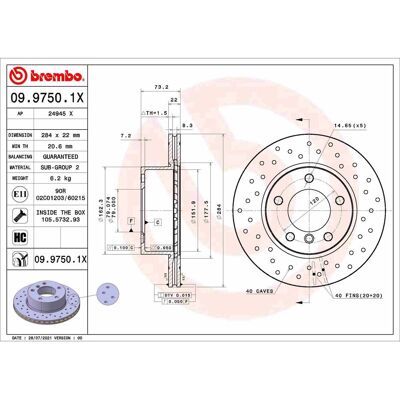 Disco de freno BREMBO 09.9750.1X,1 Piezza Disco de freno BREMBO 09.9750.1X,1 Piezza