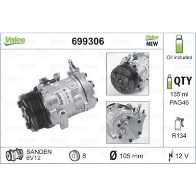 VALEO SD6V12 Compresor de Aire Acondicionado - 120cc, 12V, Aceite PAG 46 VALEO SD6V12 Compresor de Aire Acondicionado - 120cc, 12V, Aceite PAG 46