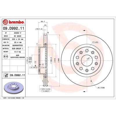 BREMBO Modelo 09.D992.11 Disco de freno - Ventilado, 330mm, 24mm, Recubierto - Pieza de coche BREMBO Modelo 09.D992.11 Disco de freno - Ventilado, 330mm, 24mm, Recubierto - Pieza de coche