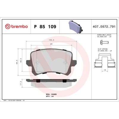 Juego de pastillas de freno BREMBO P 85 109, atrás Juego de pastillas de freno BREMBO P 85 109, atrás
