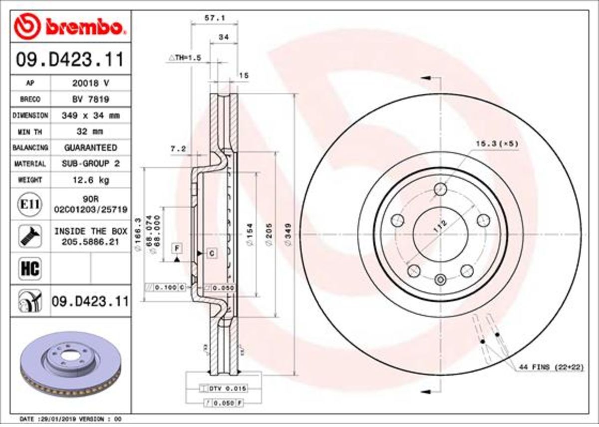 Disco de freno BREMBO 09D42311 frente, ventilado, altamente carbonizado, 1 pieza