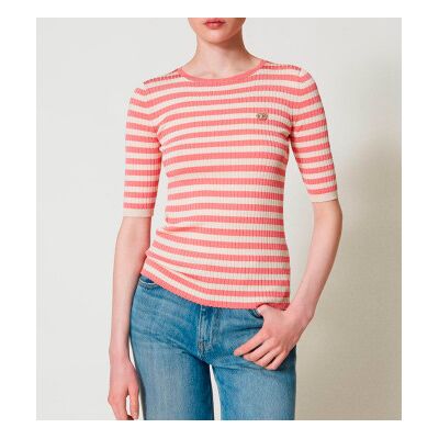 Twinset para mujer. 251TP3470 Jersey de rayas con manga corta rosa, beige (S), Casual, Viscosa, Twinset outlet 2026. Twinset para mujer. 251TP3470 Jersey de rayas con manga corta rosa, beige (S), Casual, Viscosa, Twinset outlet 2026.