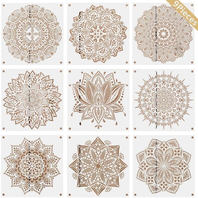 Boom Boom Boom Plantilla de Mandala grande de 9 piezas, plantilla reutilizable de corte, plantilla de pintura para pared, azulejo, suelo, tela, pintura de muebles