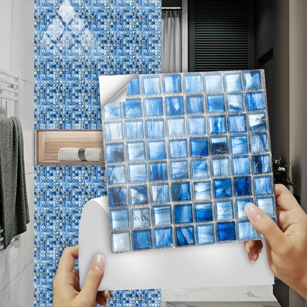 Sticker House 10pcs Mosaico de mármol azul Pegatina de azulejos Cocina Backsplash Baño a prueba de aceite Impermeable Decoración del hogar Pared Peel Stick Art Mural