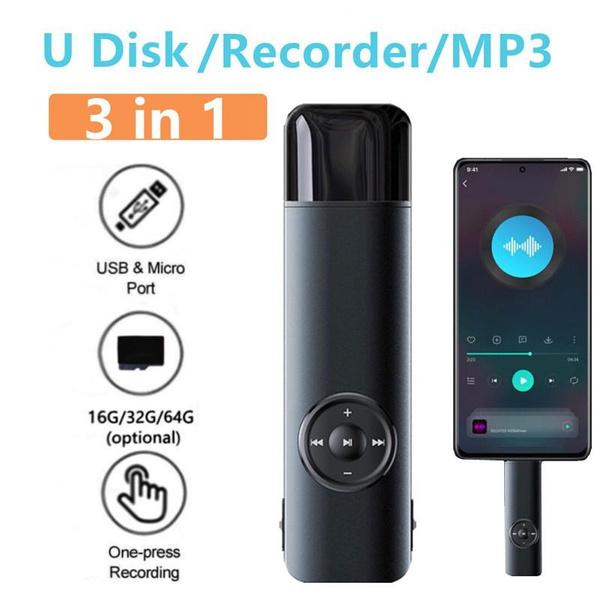 ElectronicMall Grabadora de voz USB 16G/32G/64G Grabadora de voz digital portátil 3 en 1 Pluma de grabación Reproductor de MP3