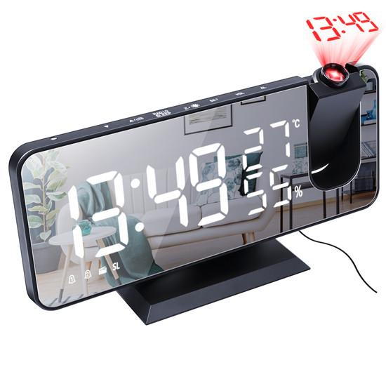 Turefans Radio de reloj despertador digital LED Pantalla de pantalla grande con temperatura y humedad Espejo Reloj de proyección