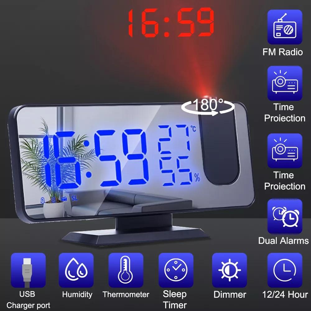 ZCXU Reloj despertador con proyección Digital LED, despertador electrónico con proyección, Radio FM, proyector de tiempo, reloj silencioso para mesita de noche y dormitorio