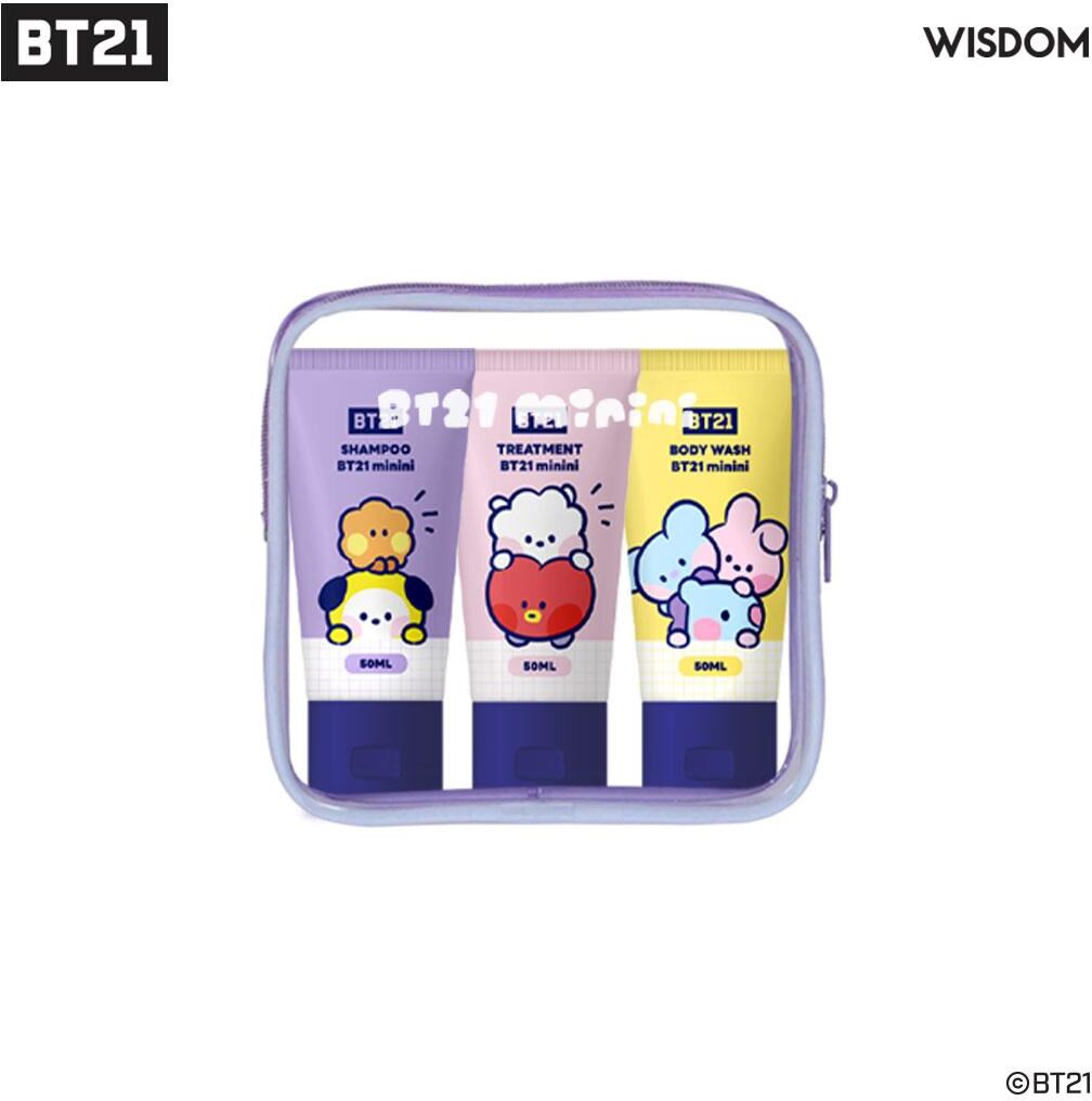 BT21 minini KIT DE VIAJE Juego de CUIDADO DE DAÑOS (Champú/acondicionador/gel de baño) portátil a bordo en avión