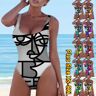 happybuyyy Moda femenina Ropa de playa conservadora Bikini 3D Arco iris Gris Líneas blancas y muecas artísticas Imprimir Trajes de baño de una pieza