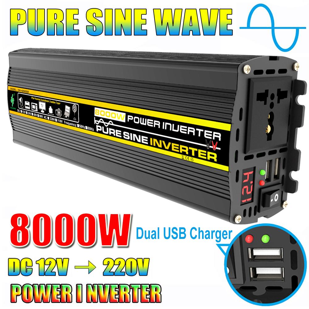 Happy Market Inversor de energía Solar USB Dual de 8000W, 12V a 220V, inversor de corriente para coche, Adaptador convertidor, transformador de onda sinusoidal modificada