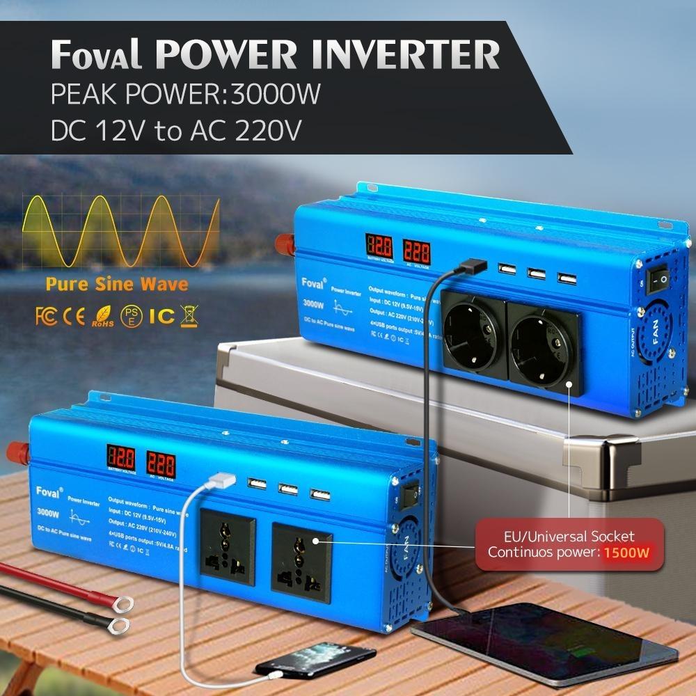 Foval Inversor de onda sinusoidal pura CC de 12V a CA 220V 1500W continuo/pico de 3000W con pantalla de doble LED USB 3.1A inversor de enchufe europeo