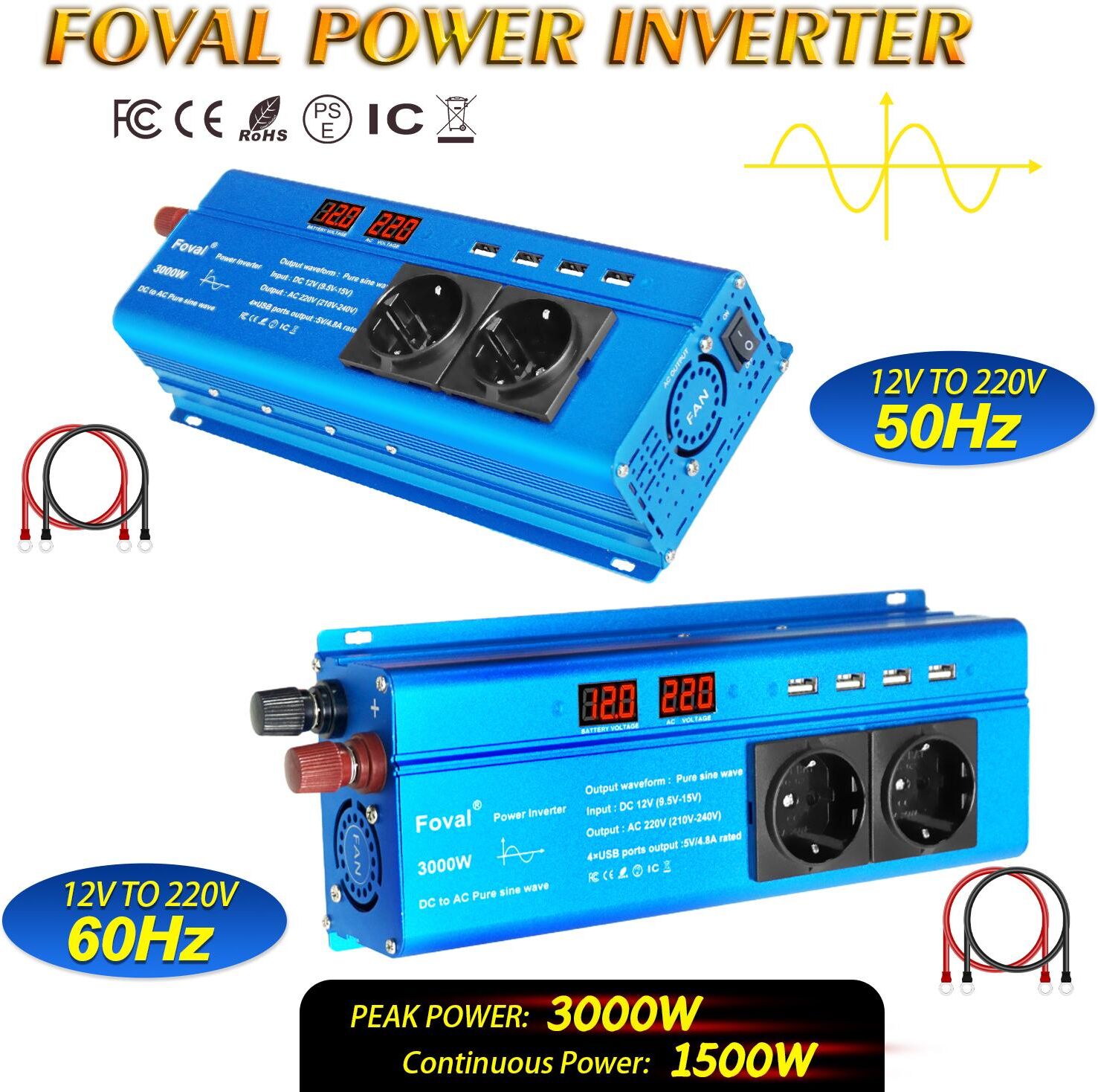 Foval Inversor de onda sinusoidal pura DC 12V a AC 220V 1500W/3000W 50Hz 60Hz Pantalla LCD Convertidor 4USB Fuente de enchufe universal 220V Inversor de corriente para camping