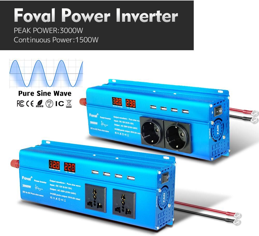 Foval Inversor de onda sinusoidal pura DC 12V a AC 220V 1500W/3000W pantalla LED 4USB convertidor transformador EU/Inversor de corriente de enchufe Universal