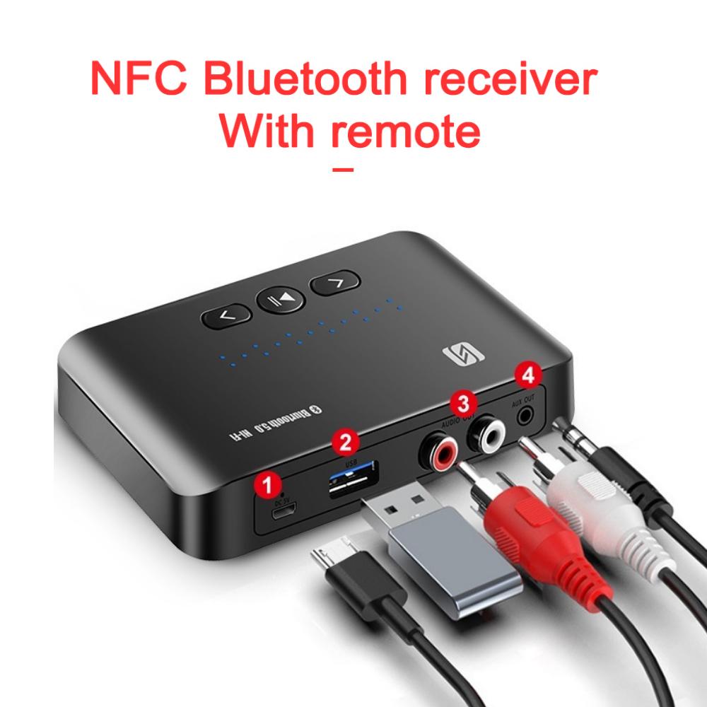 Oudun Receptor de Audio NFC Bluetooth 5,0 con RCA de 3,5mm y puerto USB para coche, adaptador inalámbrico de altavoz de música estéreo, amplificador con control remoto