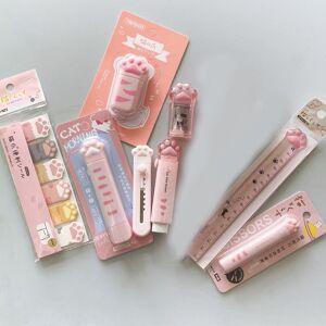 8Pcs / Set Kids Girl Pink Cat Paw Stationery Set Memo Pads Eraser Knife Set