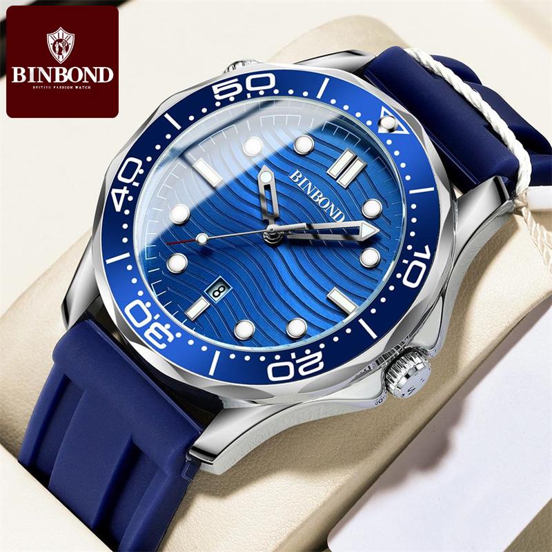 BINBOND Nuevo Reloj de lujo para hombre con caja B2820, correa de gel de sílice, relojes de cuarzo para