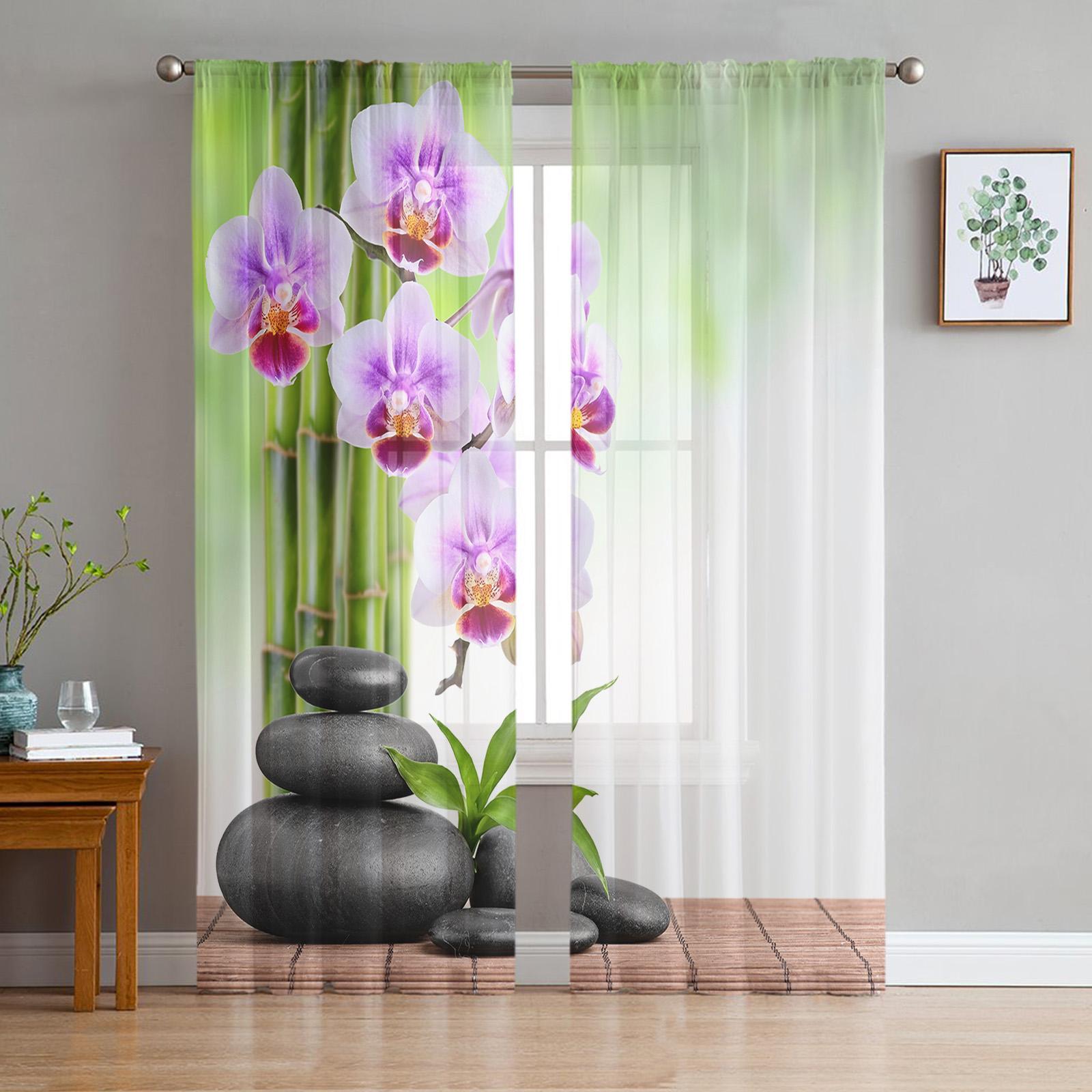 Exquisite Home Decor Cortinas transparentes de bambú con diseño de orquídeas y flores Zen, cortinas de tul para ventana de salón, dormitorio, cocina, decoración del hogar