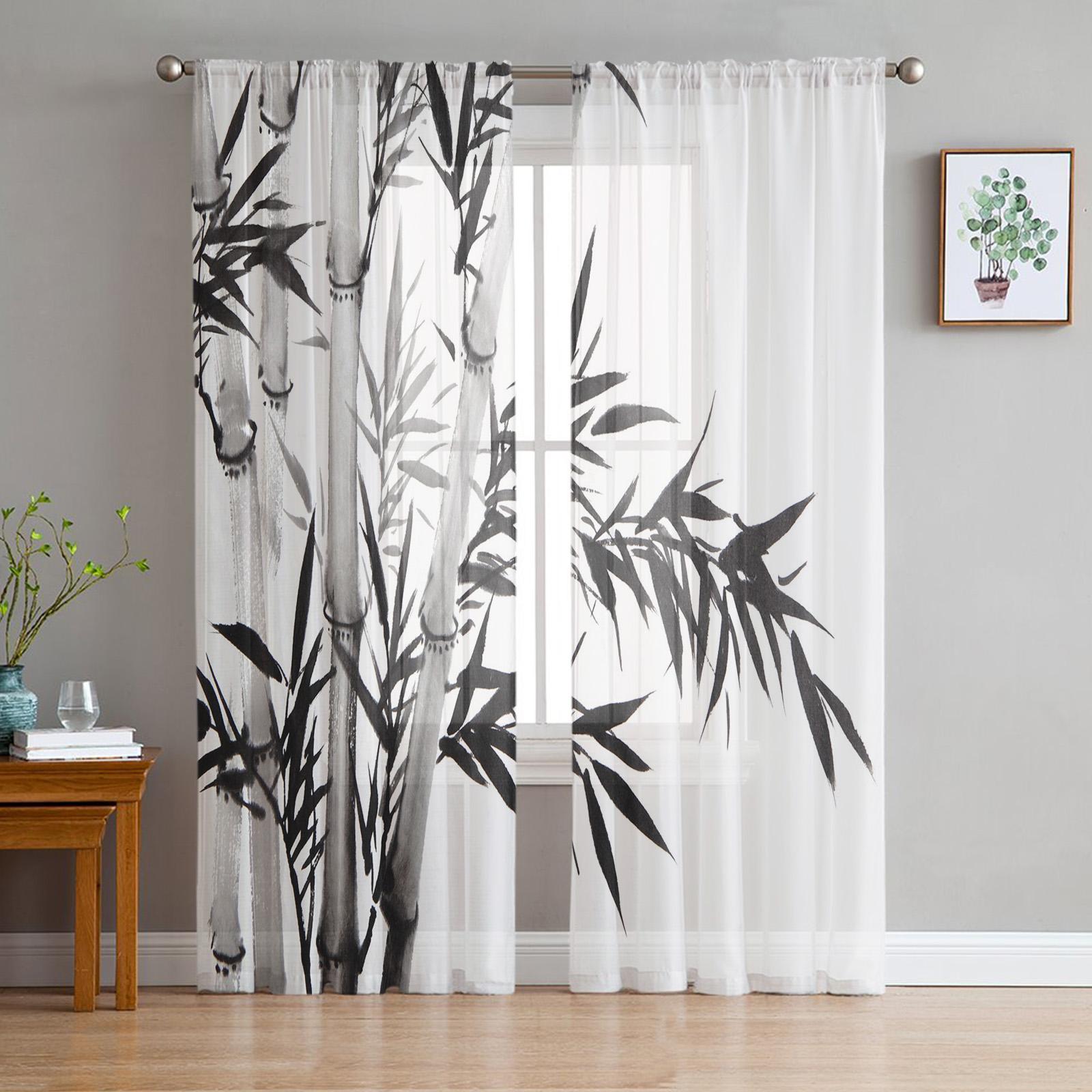 Ting Chung Cortinas de tul con diseño de pintura de tinta china de bambú, cortinas de gasa modernas para sala de estar, cocina, dormitorio, cenefa transparente