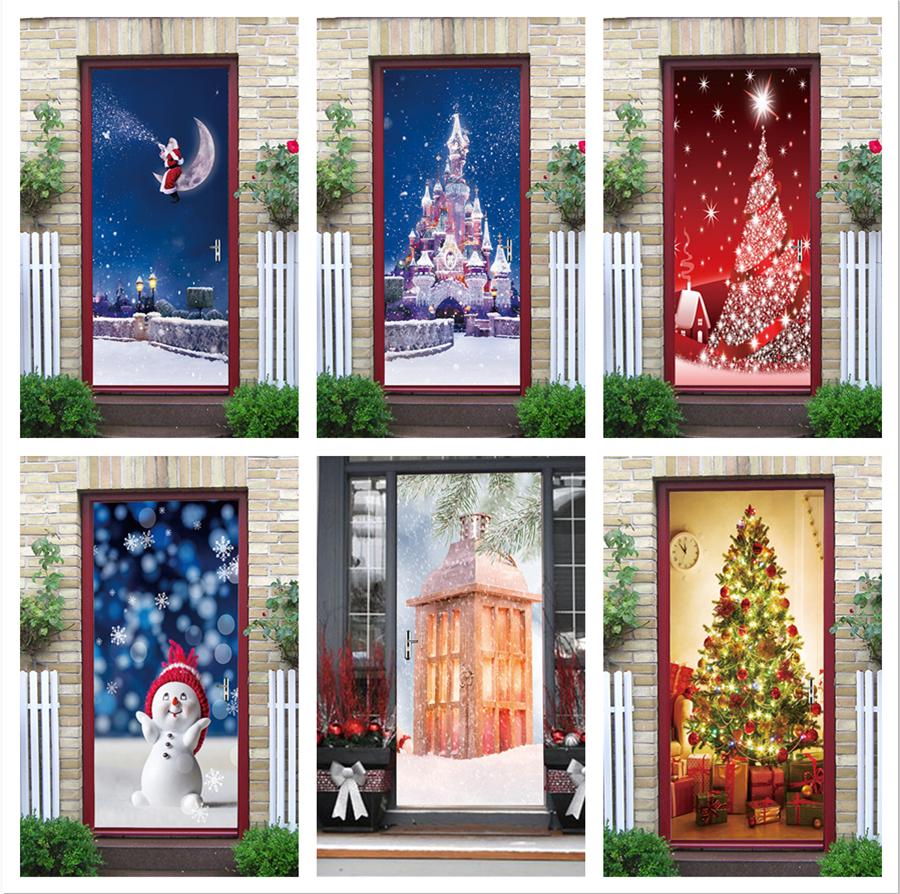 Sticker House Pegatinas de puerta de árbol de Navidad, decoración de vinilo de Papá Noel, papel tapiz autoadhesivo 3d, muñeco de nieve, alce, ventana de cristal, Mural de decoración de invierno