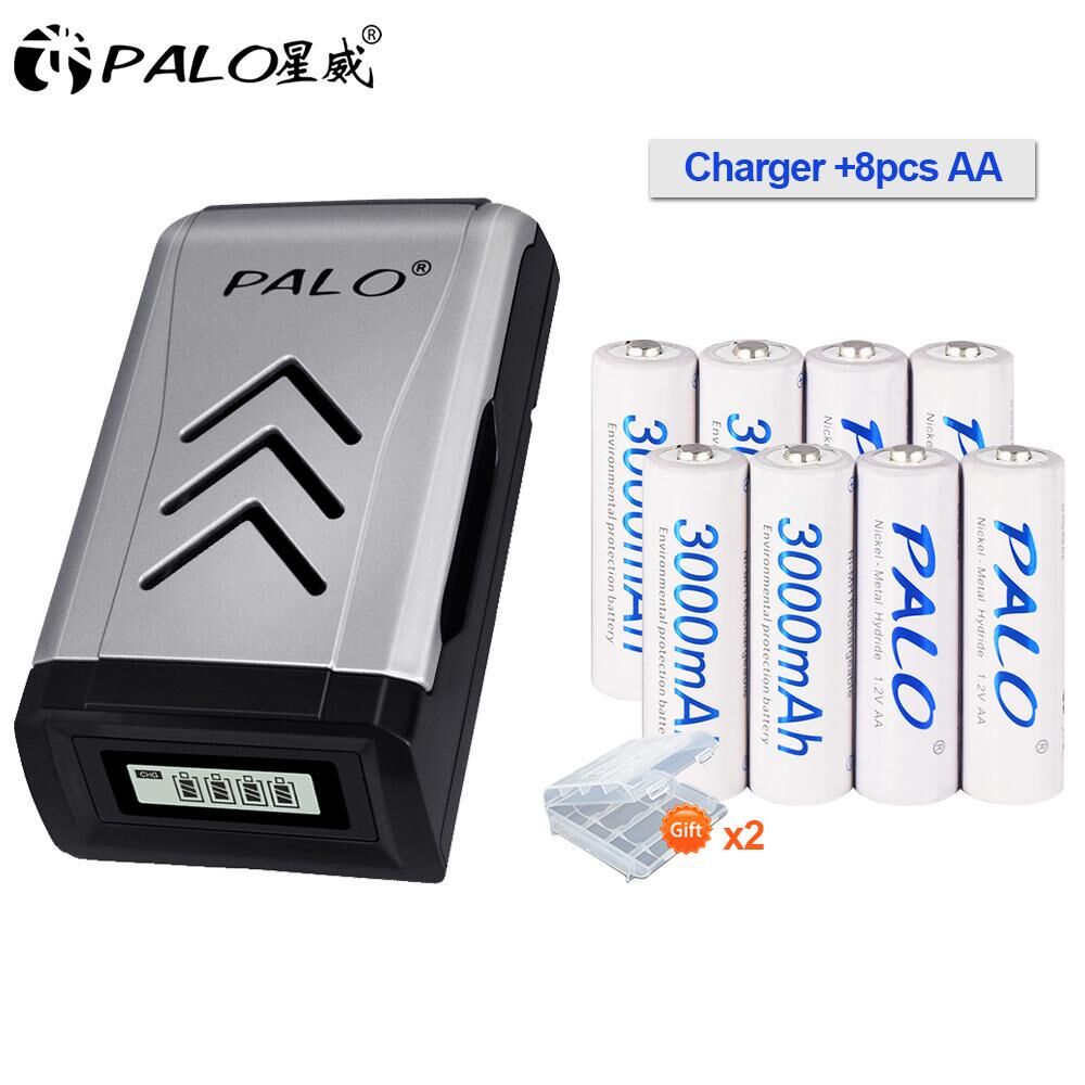 PALO 8pcs 1.2V ni-mh AA batería recargable y cargador rápido inteligente USB para pilas AA AAA
