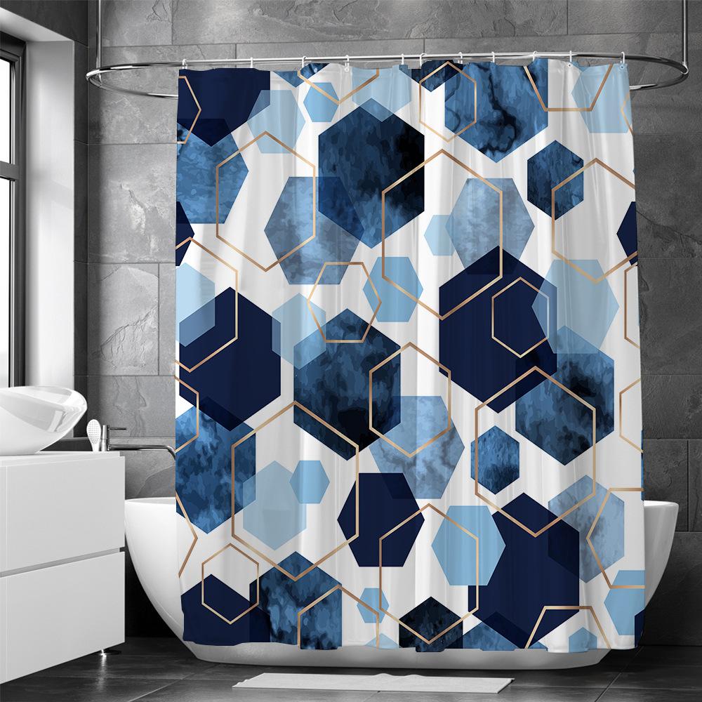 Nina Boutique Cortinas de ducha hexagonales geométricas azules Telas impermeables Cortina de baño con ganchos 180x200cm Mampara de baño Partición de inodoro