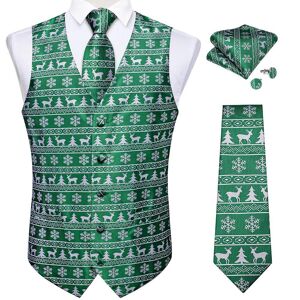 Dibangu Navidad Traje de los hombres Chaleco Set Silk Tie Pañuelo Gemelos Set Green Tree Elk Snowflake Print Party Dress Vest