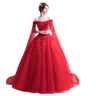 Kaihena Novia casada banquete vestido de noche rojo cuello barco capa encaje flor largo fiesta de graduación vestido Formal