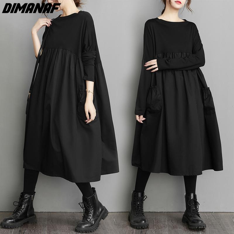 DIMANAF vestido de mujer ropa Vintage liso de talla grande suelto elegante señora negro vestido largo algodón Casual 2022