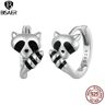 BISAER 925 Plata de ley Lively Raccoon Hebillas de oreja Negro Enamal Animal Hoop Aretes para mujeres Lindo regalo de joyería