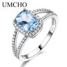 Joyería de plata de ley 925 auténtica UMCHO, anillos rectangulares de color azul cielo para mujer, regalo de cumpleaños