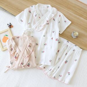 CLOUD COTTON STORY Kimono japonés de verano shorts shorts set 100% algodón crepe dulce flor flor ropa de hogar de dos piezas set kawaii sleepwear