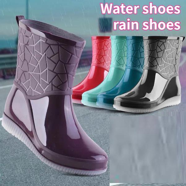 ZXXY Botas de lluvia a la moda para mujer, impermeables, para cocina, lavado de coches, trabajo, antideslizantes, botas de agua a media pantorrilla, antideslizantes, resistentes al desgaste, zapatos de mujer gruesos