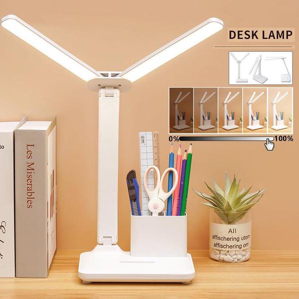 Beauty Decor Lámpara de escritorio LED de doble cabezal de 4000 mah con soporte Lámpara de mesa recargable por USB Brillo ajustable Protección para los ojos Luz de escritorio Luz de mesa con atenuación táctil