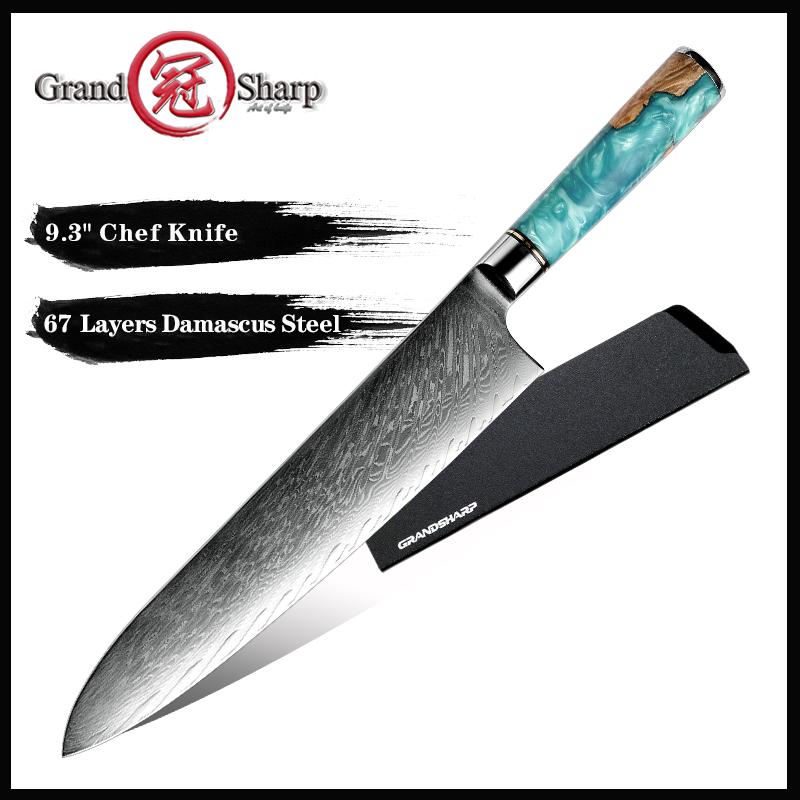 Sharp Cuchillo de Chef Damasco de 9,3 pulgadas, acero rico en carbono, 67 capas, VG10, cuchillos Gyuto de cocina de Chef japonés, herramientas de cocina, regalo GRANDSHARP