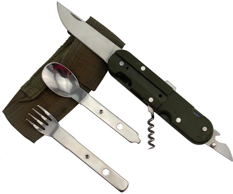 vnGSM Multiherramienta camping Traveler K607 cuchillo, cuchara, tenedor, sacacorchos, abridor de botellas, con estuche