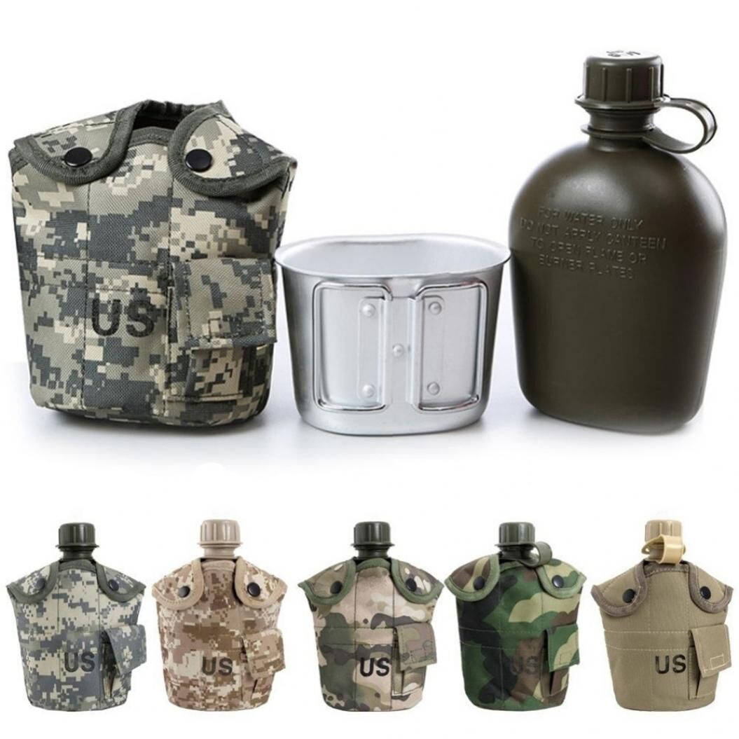 MUQZI Botella de agua militar del ejército de 1L, taza de cantimplora para acampar y senderismo, portátil para exteriores